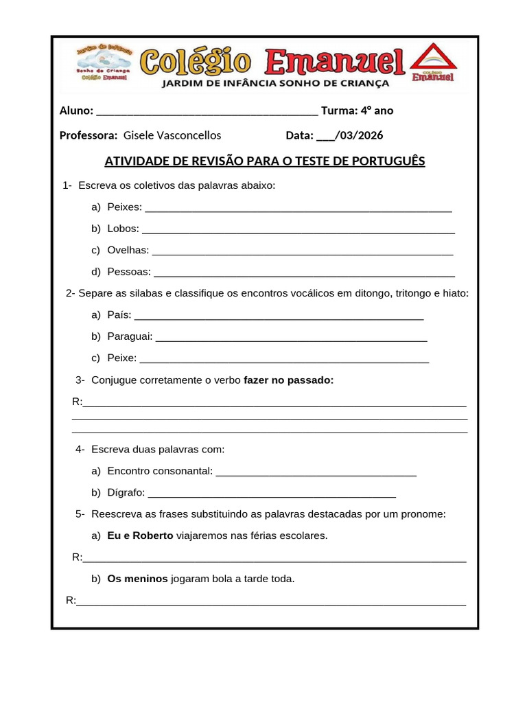 Revisão para o Teste 1° Bimestre 4° Ano | PDF | Linguística | Idiomas