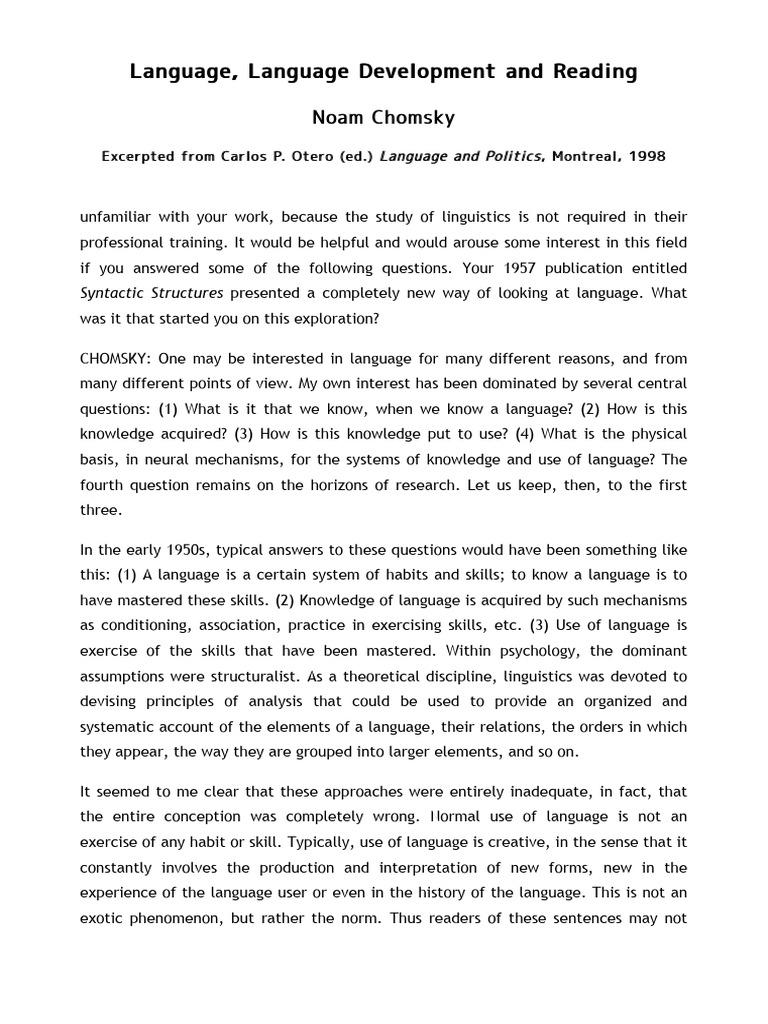 Language, Language Development and Reading, by Noam Chomsky | PDF ...