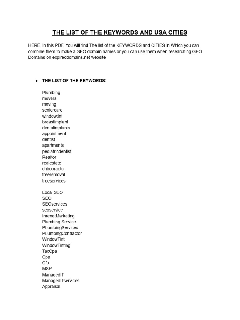 12. the List of the Keywords and Usa Cities | PDF