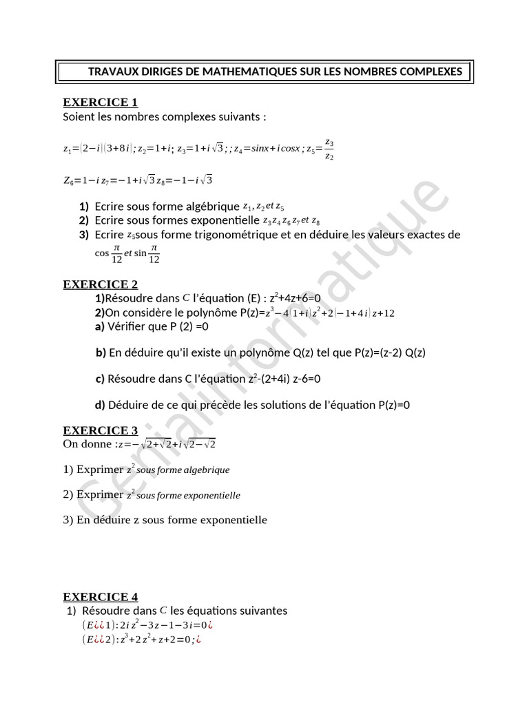 TD CPFP Les Nombres Complexes | PDF | Nombre complexe | Fonction ...