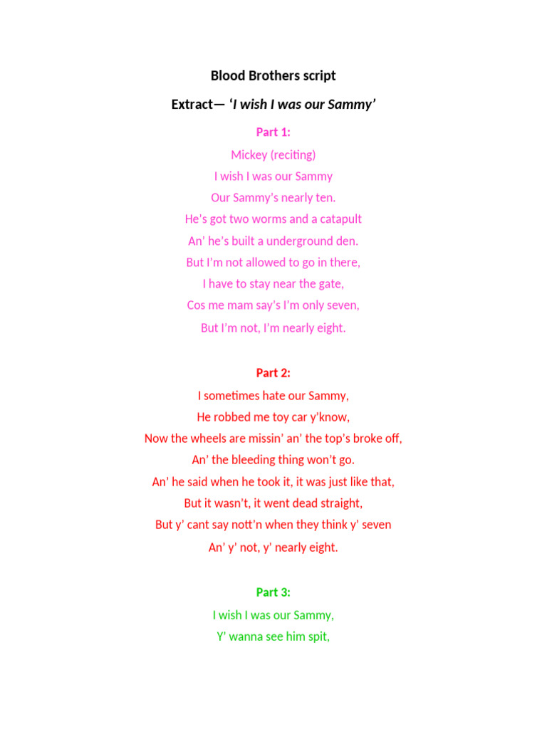 I Wish I Was Our Sammy - Script | PDF