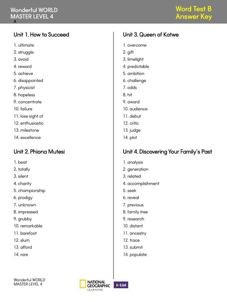 WW_Master_L4_Word Test B_Answer Key | PDF | Chess Openings | Chess Theory