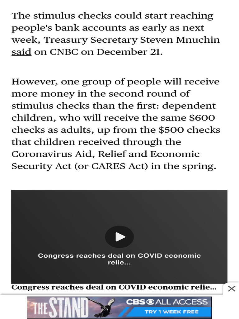 Stimulus Checks of $600 Are Coming — Here's Who Will Get One - CBS News ...