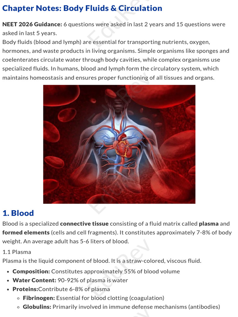 EduRev_Chapter Notes_ Body Fluids & Circulation | PDF | Heart Valve | Heart