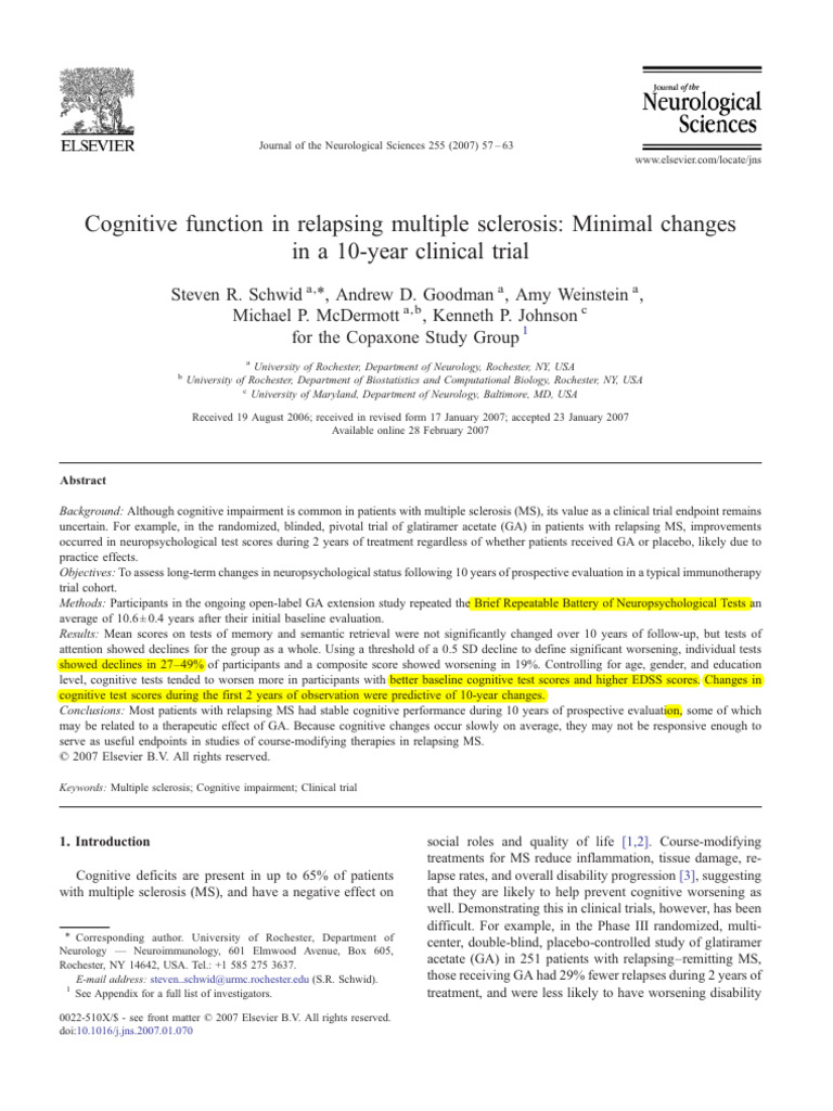 Cognitive Function in Relapsing Multiple Sclerosis Minimal Changes ...