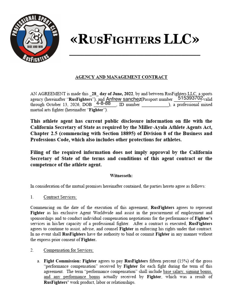 RusFighters LLC Management Agreement 2022 3 | PDF | Breach Of Contract ...