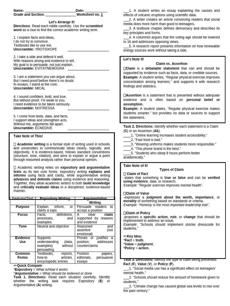 Worksheet Expository Argumentative Types Claims | PDF | Proposition ...