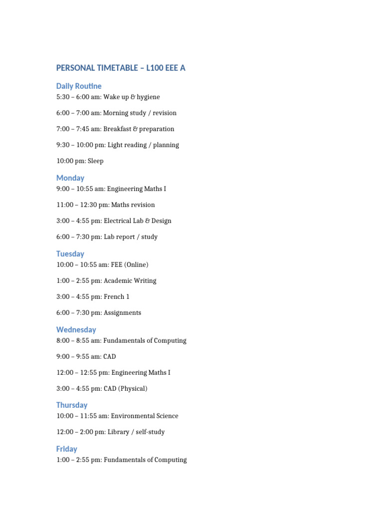 L100 EEE Personal Timetable | PDF