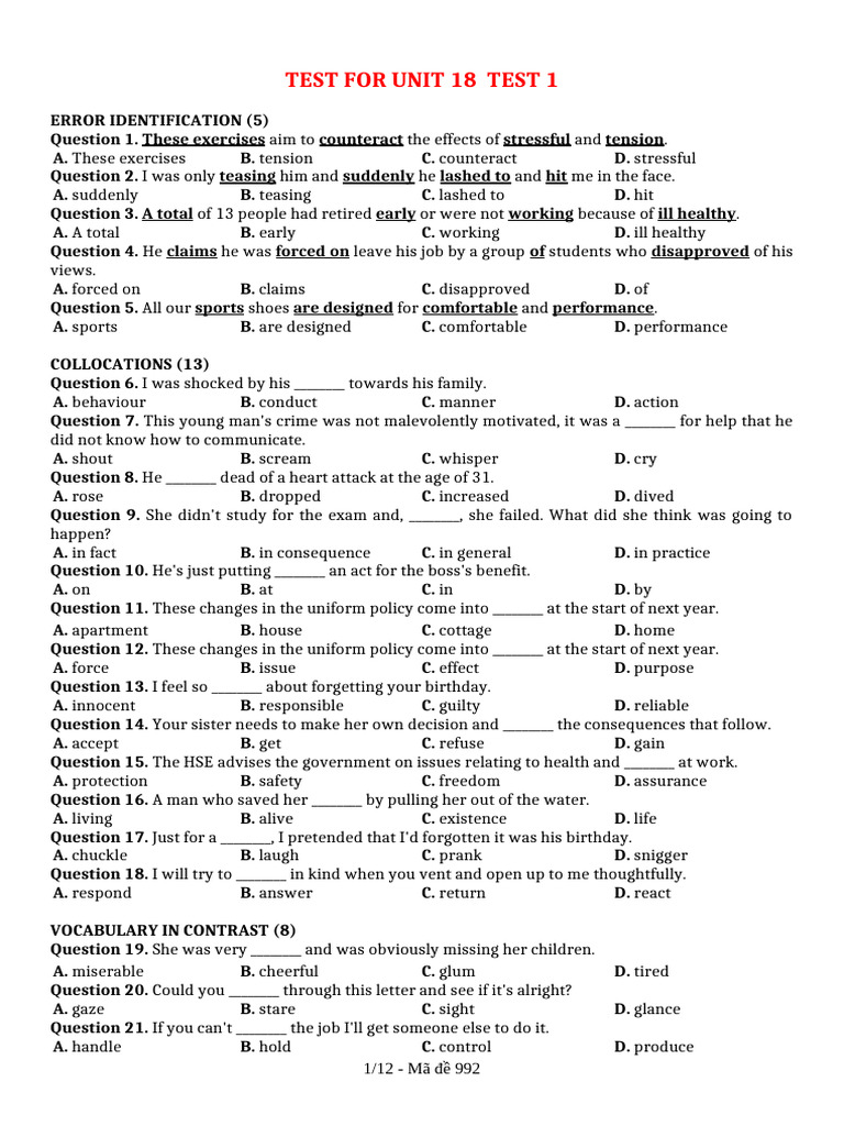 Test For Unit 18 c1,2 Test 1 | PDF