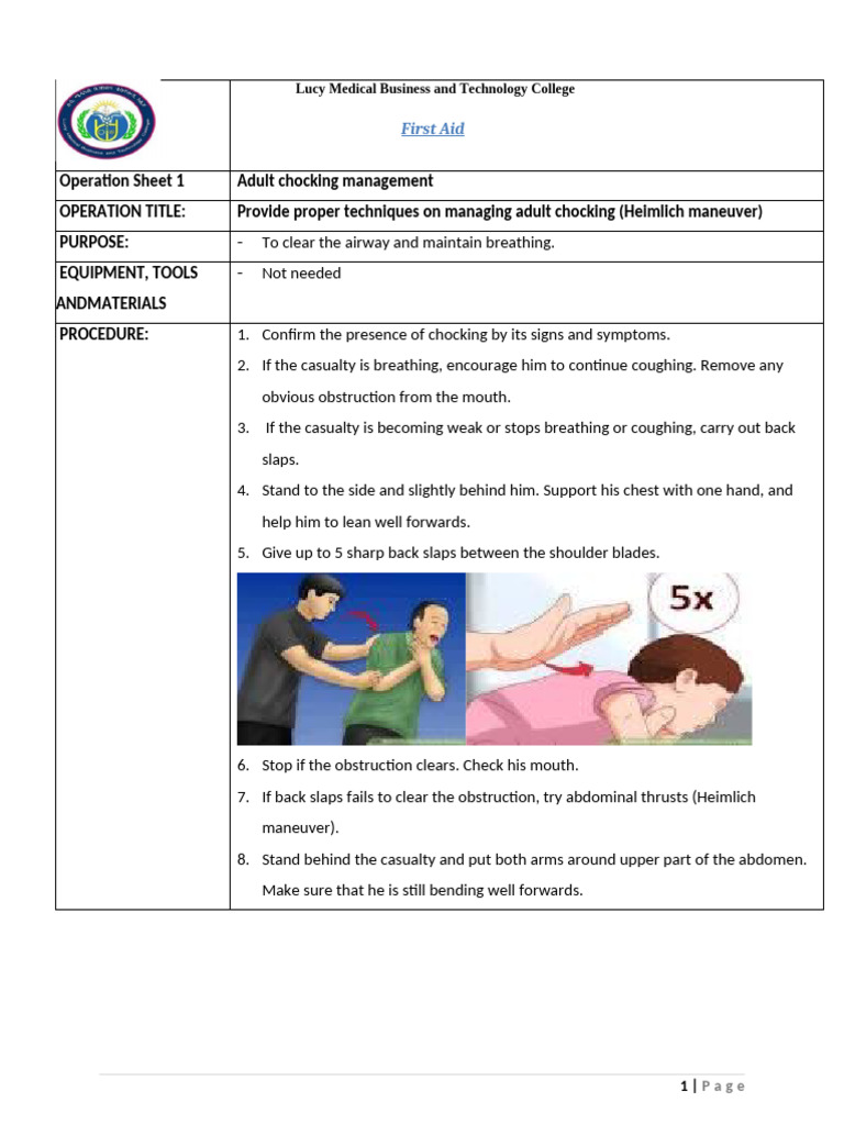 First Aid Operation Sheet | PDF | Cardiopulmonary Resuscitation ...