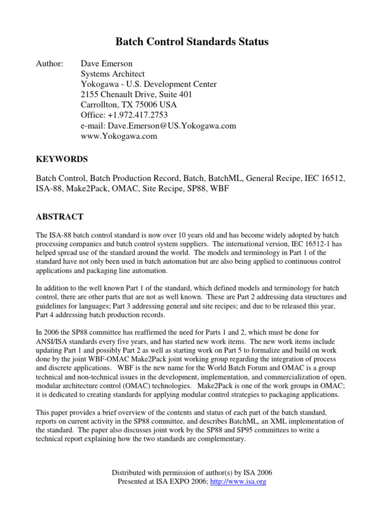 2006 ISA Expo - Batch Standards Status | PDF | Xml | Sql