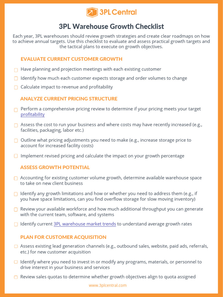 3PL Warehouse Growth Checklist | PDF | Warehouse | Pricing
