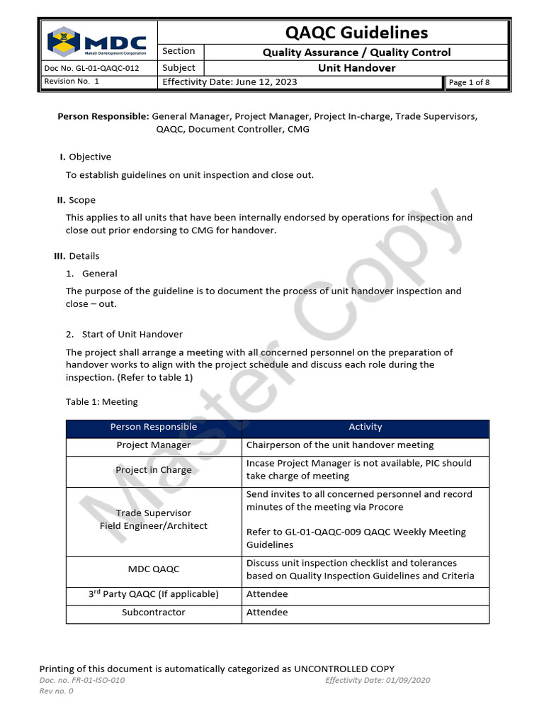 GL 01 QAQC 012 Unit Handover Guidelines | PDF