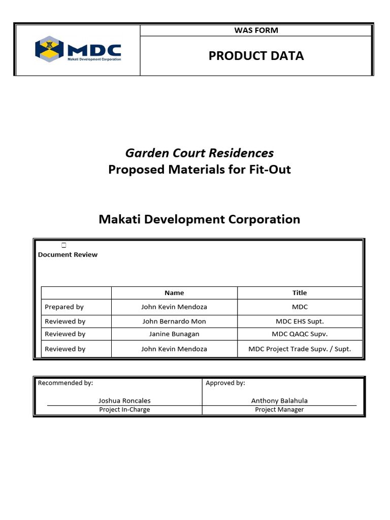 MDC Fit Out Product Data Form 1 1 | PDF | Tile | Concrete