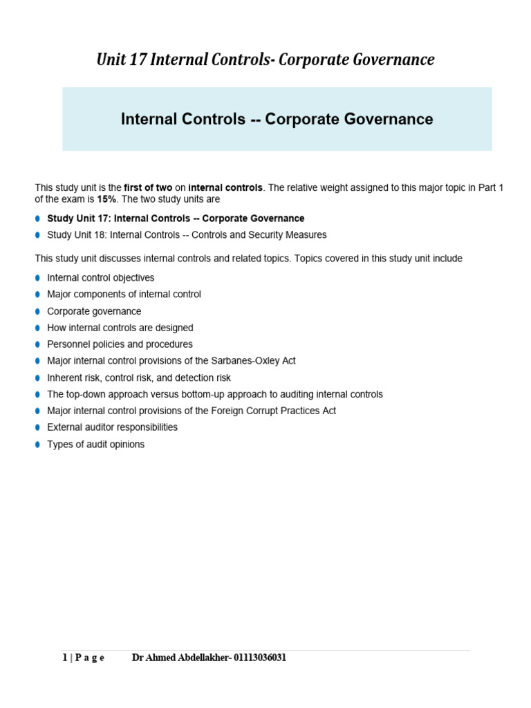 Unit 17 Internal Controls - Corporate Governance | PDF | Internal ...