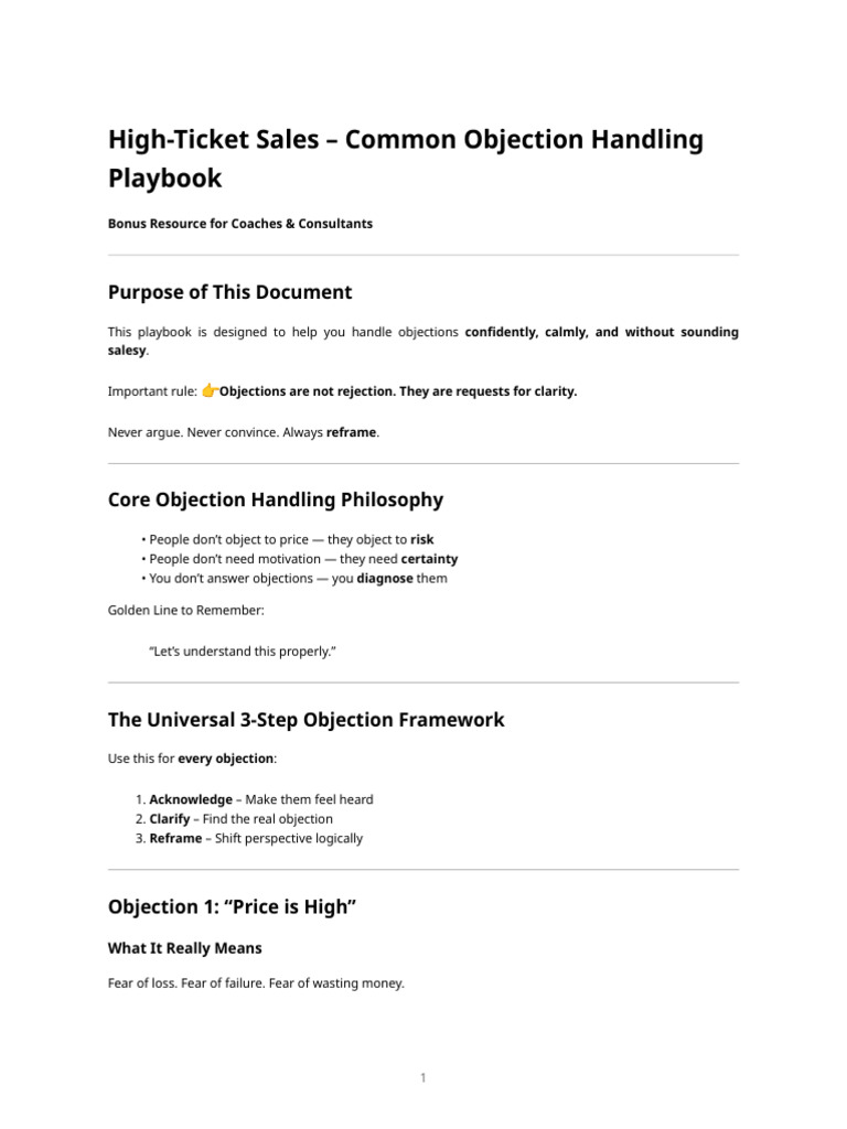 High-Ticket Sales - Common Objection Handling Playbook | PDF ...