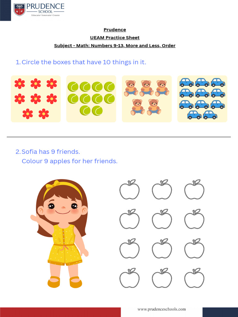 Math Practice Worksheet - Numbers 9-13, More and Less, Order | PDF
