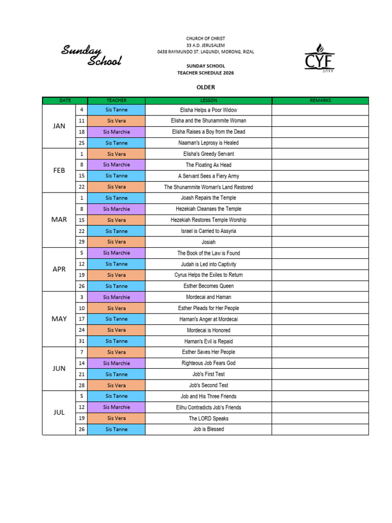 Ss Schedule 2026 Older Jan to July | PDF