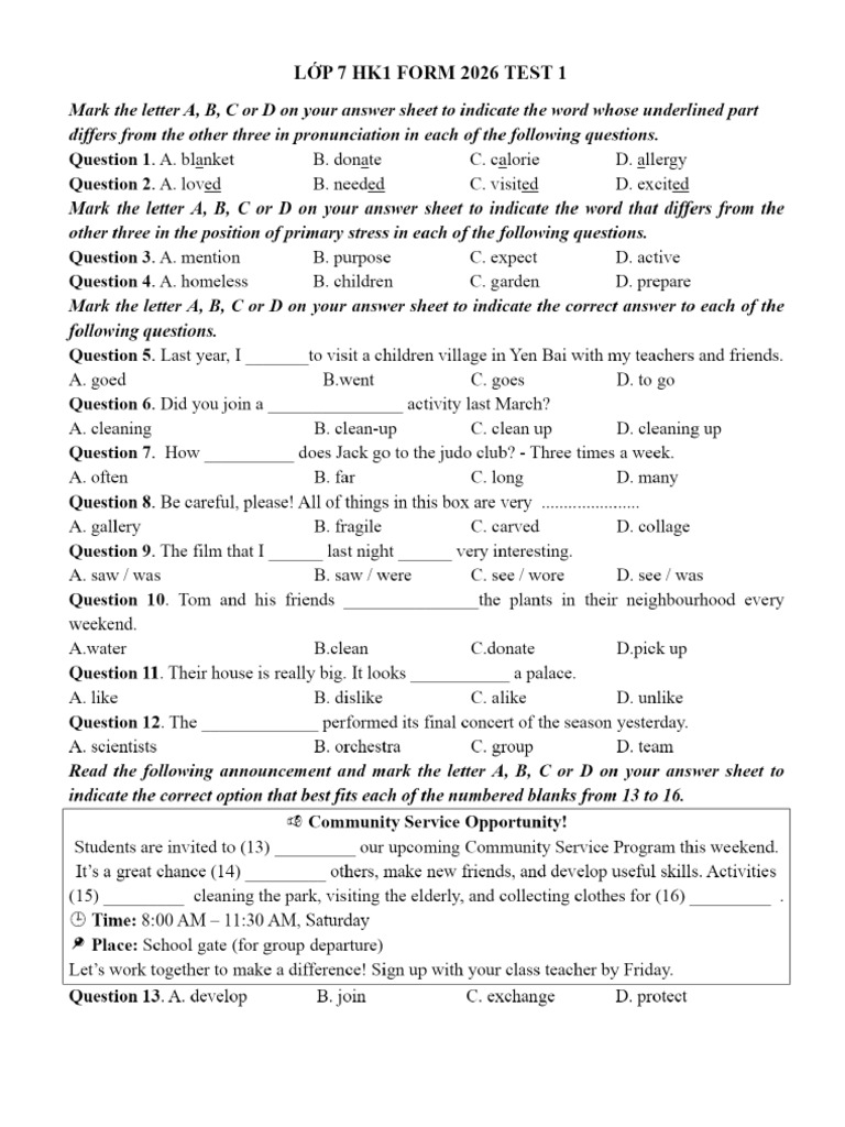 Lớp 7 HK1 Form 2026 Test 1. | PDF