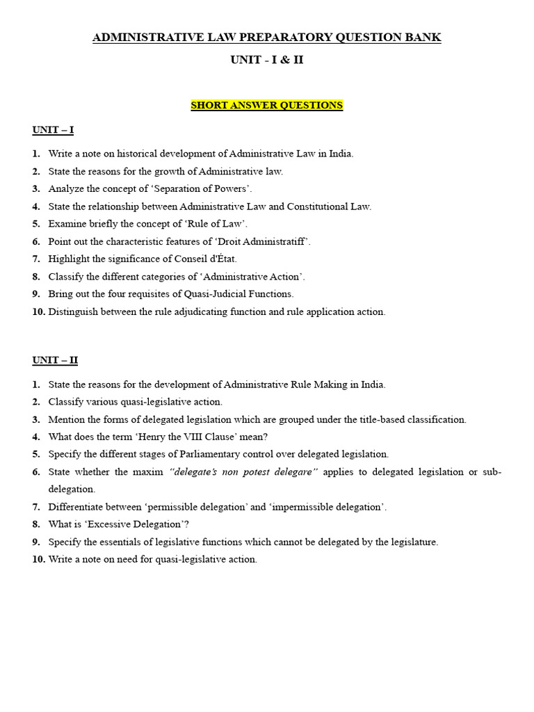 Admin Law Question Bank | PDF | Separation Of Powers | Legislature