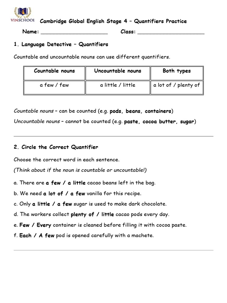 Cambridge Global English Stage 4 - Quantifiers Practice | PDF