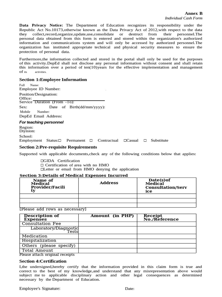 Annex B - Individual Cash Form | PDF | Information