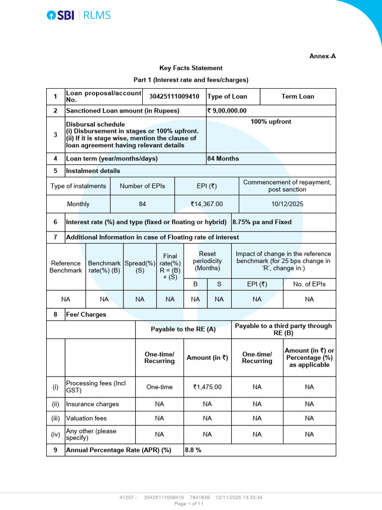 Auto Loan Key Facts Statement Letter | PDF | Loans | Annual Percentage Rate