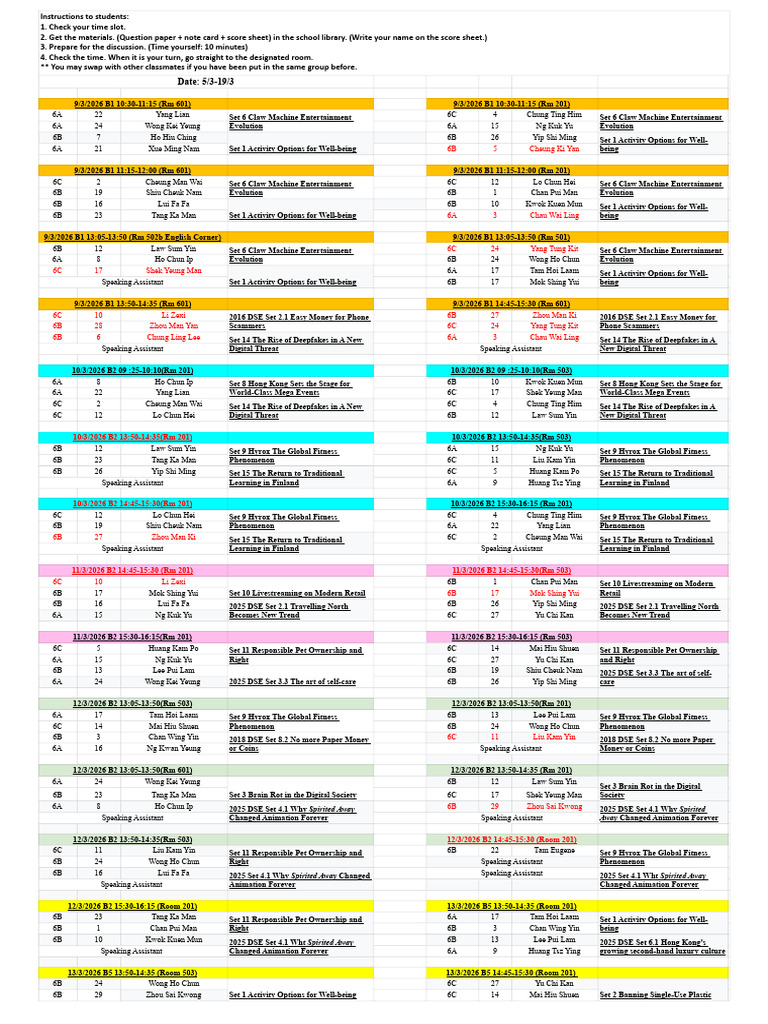 2526 S6 Speaking Practice Schedule - V2 (20260307) | PDF | Hong Kong