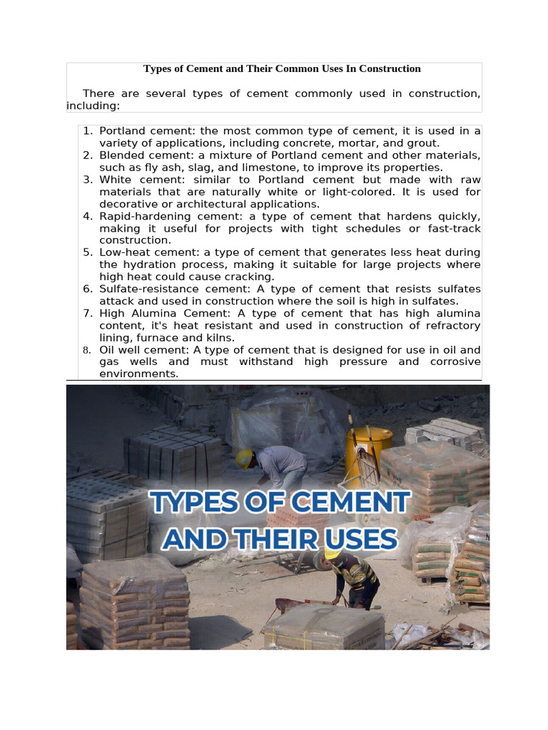 Types of Cement and Their Common Uses in Construction | PDF