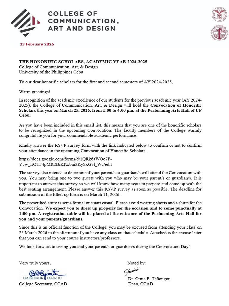 Letter of Invitation to Hon Scholars and Their Parents for Convocation ...