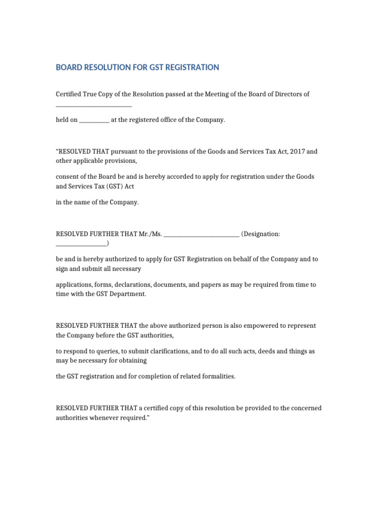 Board Resolution GST Registration | PDF