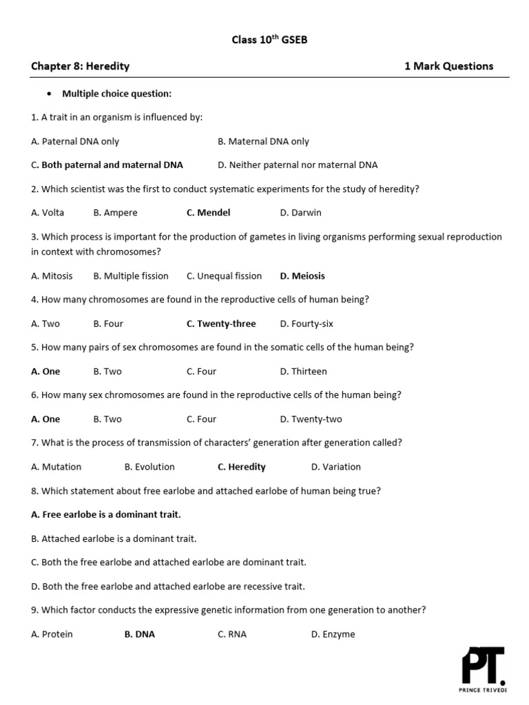 Heredity 1 Mark Questions | PDF | Gene | Genetics