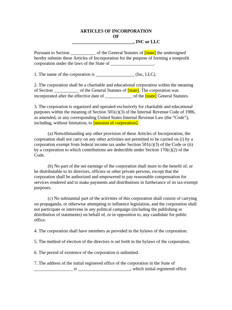 Articles of Incorporation - Sample Template | PDF | 501(C) Organization ...