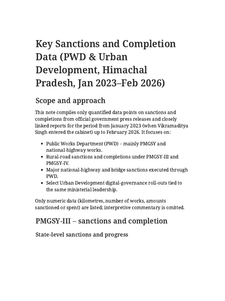 Key Sanctions and Completion Data (PWD & Urban Development, Himachal ...