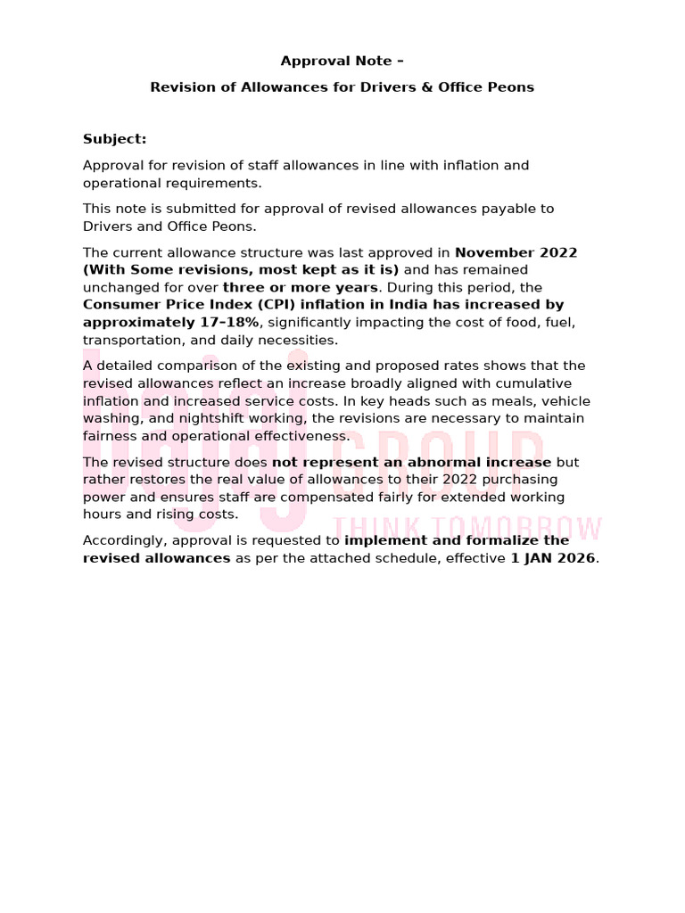 Approval Note For Driver Allowance | PDF | Inflation | Consumer Price Index