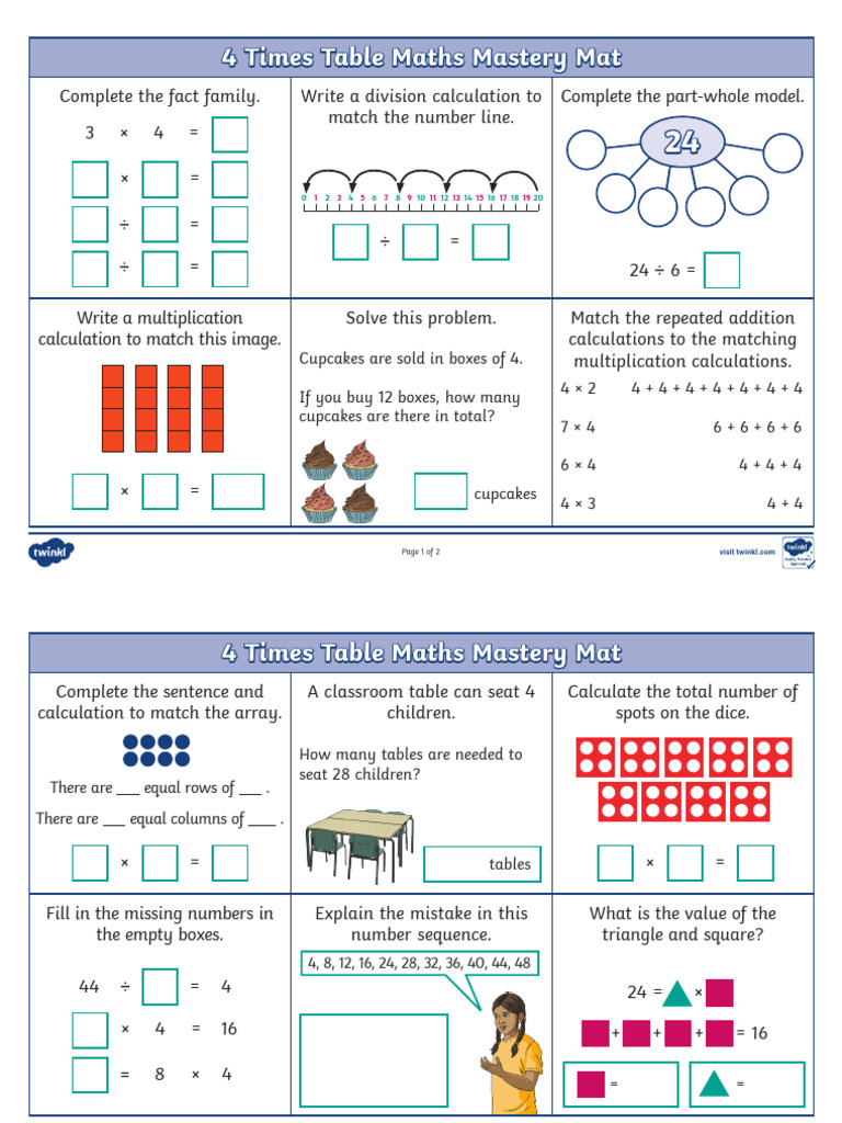 T M 1636468209 4 Times Table Maths Mastery Mats | PDF | Mathematics