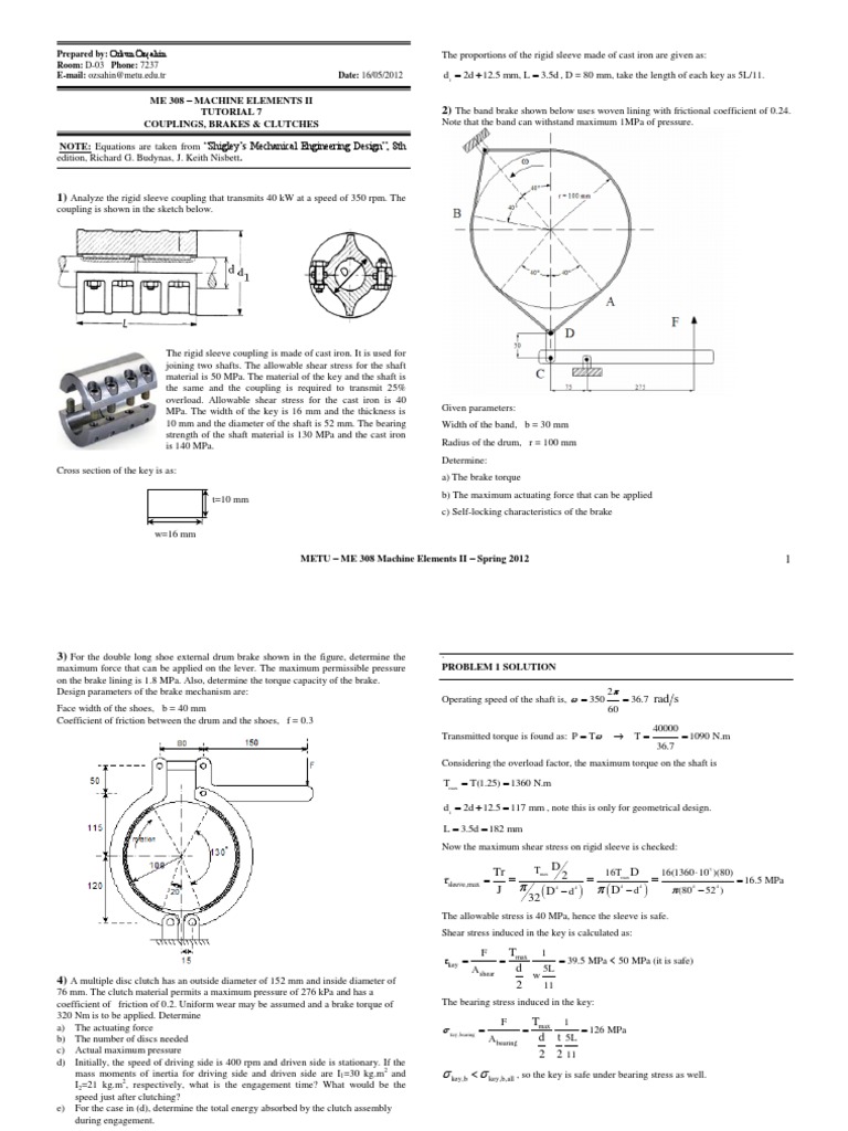 Me 308 Machine Elements Ii Tutorial 7 Couplings, Brakes & Clutches