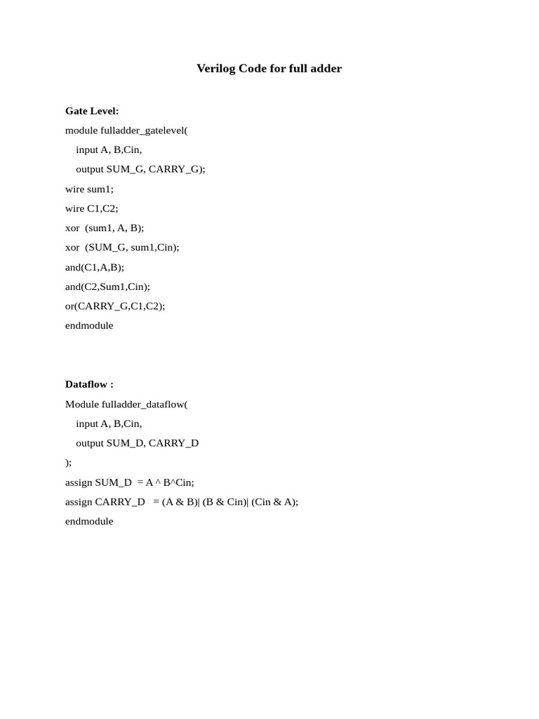 Verilog Code For Full Adder | PDF