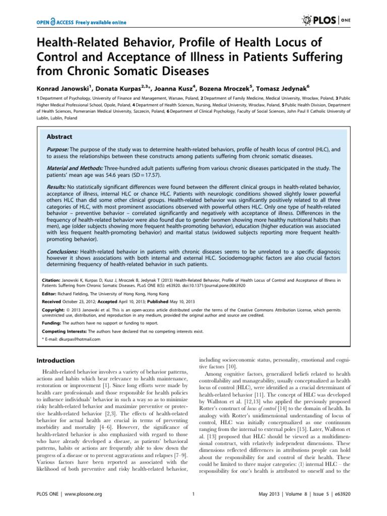 Health-Related Behavior, Profile of Health Locus of Control and ...
