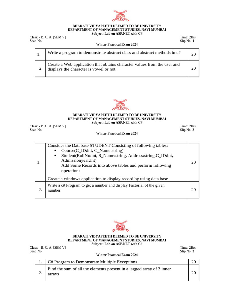 BCA Sem V Practical Exam .ASP - NET With C# | PDF | C Sharp ...