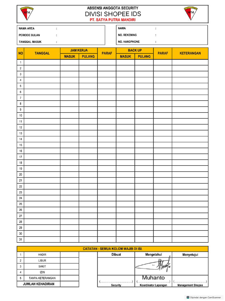 ABSENSI BULANAN ANGGOTA SECURITY PT. SPM (korlap)(1)(1)(7) | PDF