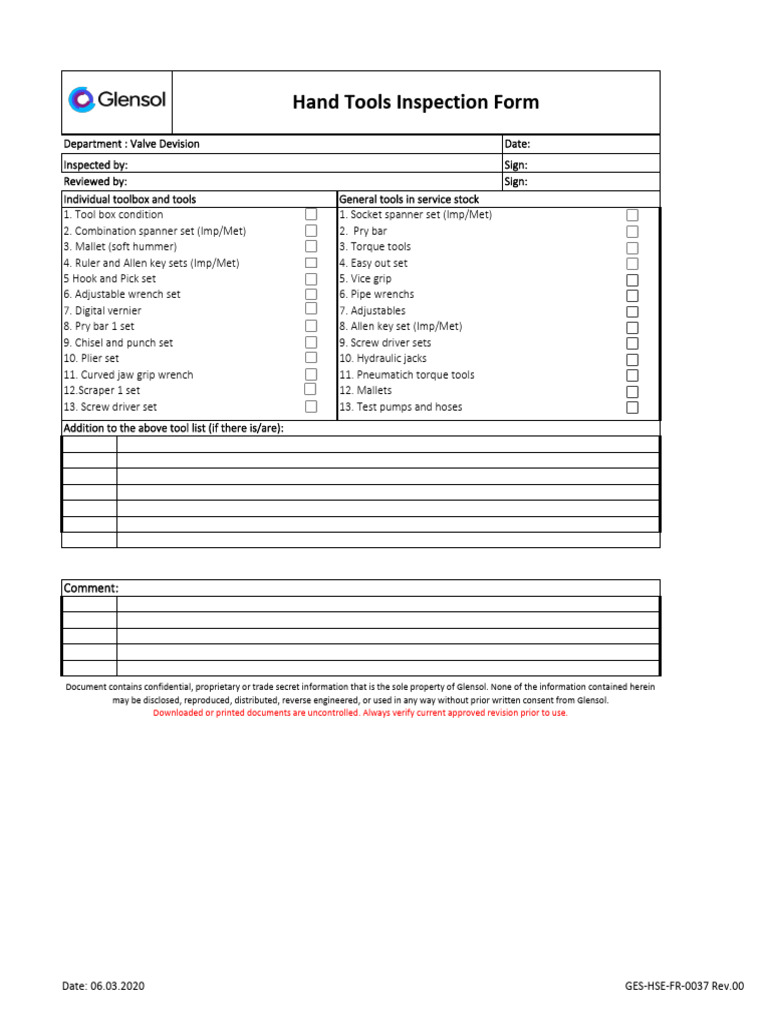 Hand Tool Inspection Form | PDF