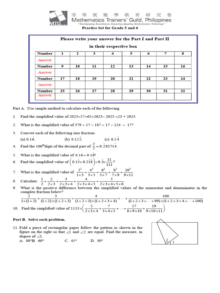 Practice Set For Grades 5-6 (Solution) | PDF | Elementary Geometry ...