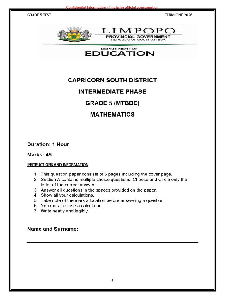 Grade 5 Maths Test-1 | PDF | Multiple Choice | Mathematics