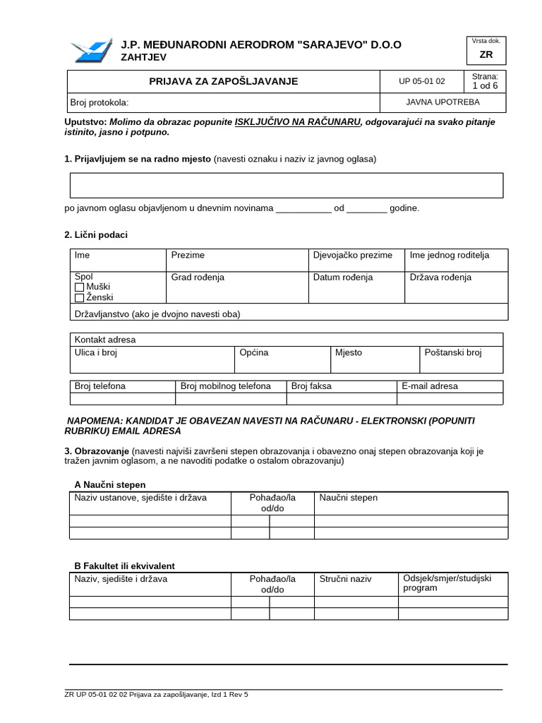 ZR UP 05-01 02 02 Prijava Za Zapošljavanje Februar 2026 | PDF