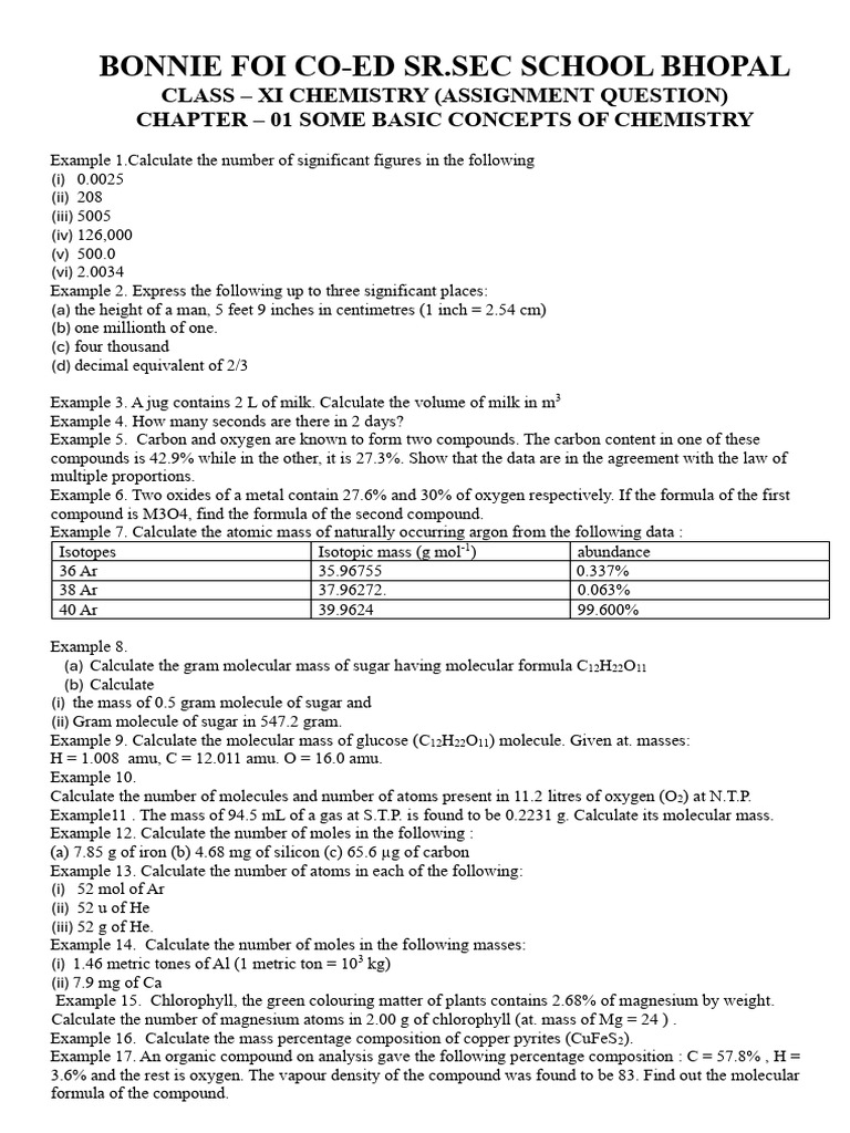 Class XI Chemistry Chapter 01 Assignment QN | PDF | Mole (Unit) | Magnesium