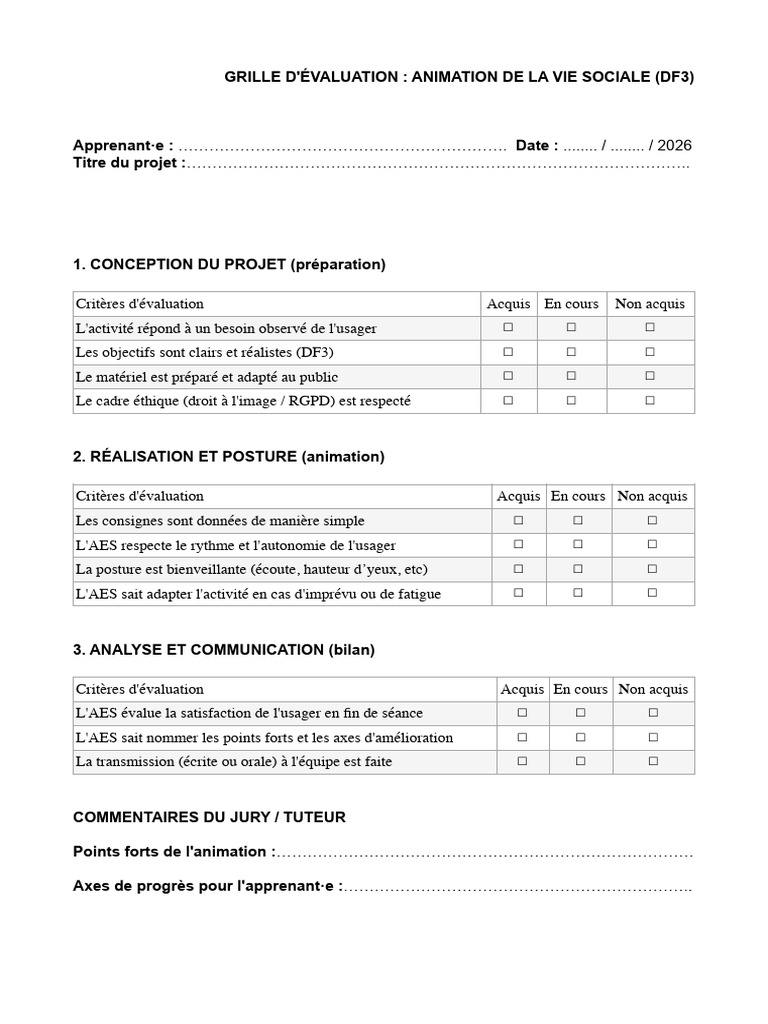 GRILLE D'ÉVALUATION: ANIMATION DE LA VIE SOCIALE (DF3) - Copie | PDF