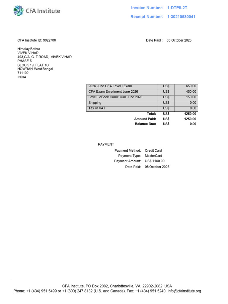 CFA Order Receipt | PDF