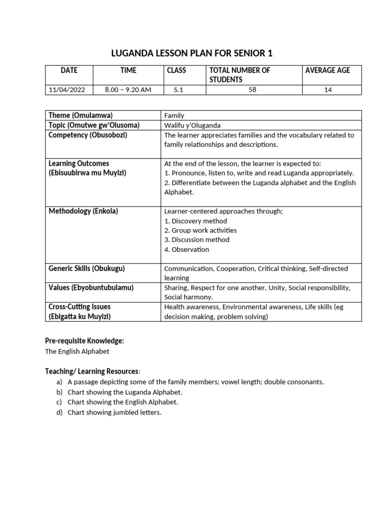 Luganda Lesson Plan For Senior 1 | PDF | Learning | Behavior Modification