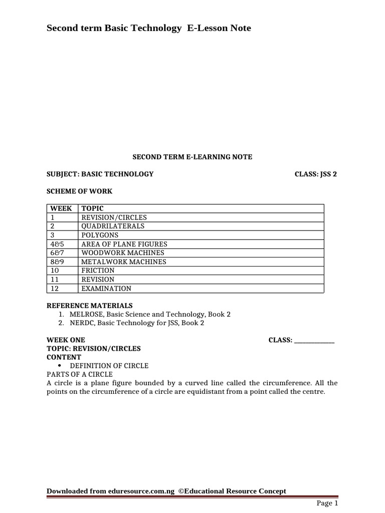 Basic Technology Year 8 Second Term Lesson Note JSS 2 Basic Science and ...